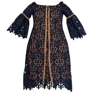 Aleka Adorn Navy Lace Cutout Dress Bell Sleeves Nude Lining Boho - Size 2